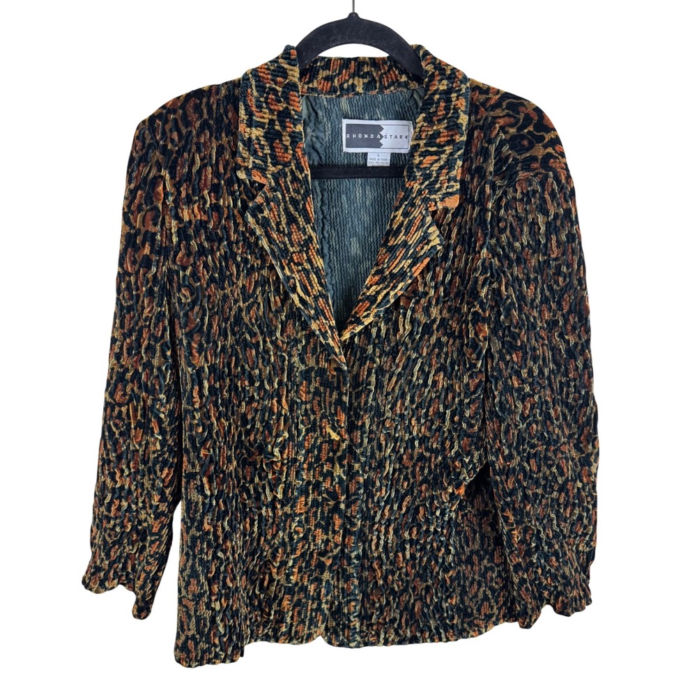 Rhonda Stark Vintage Womens Leopard Print Crinkle Velvet Blazer Brown Orange L